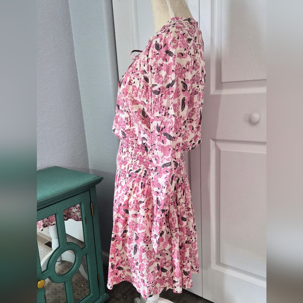 Evereve Roan + Ryan Pink Floral Smocked Mini Dress Long Sleeve Tie Neck Size S - Picture 5 of 9